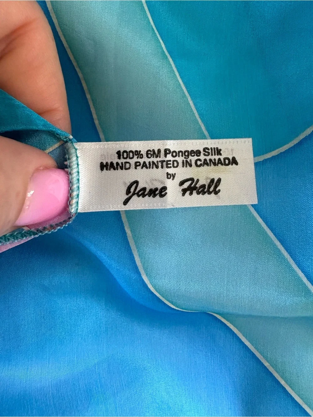 Jane Hall Blue Pink Marble Swirl Wave Abstract 6P‎ Pongee Silk Scarf Fluid Art